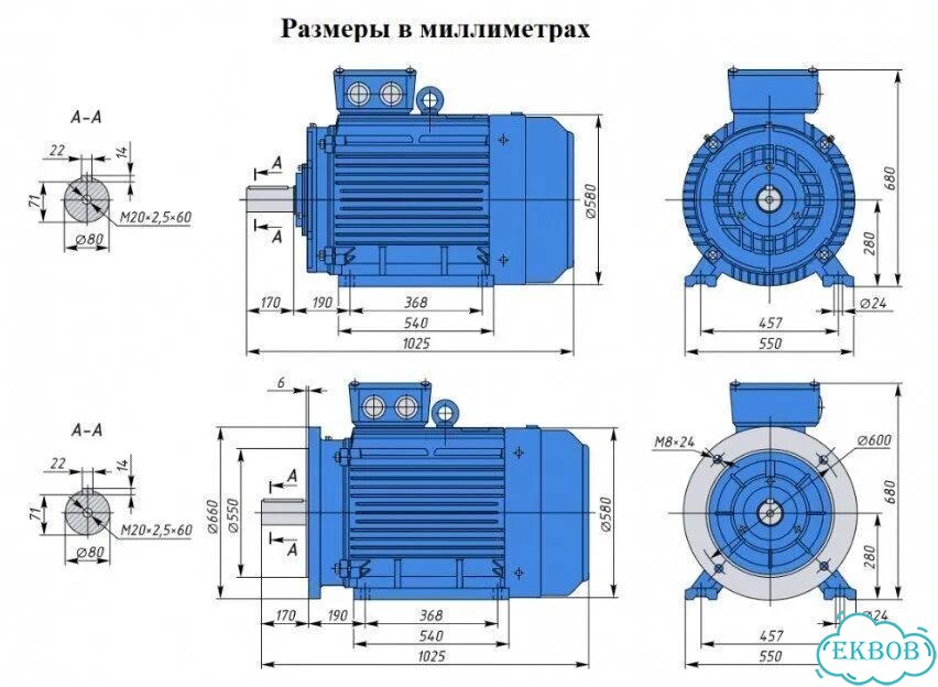 Электродвигатель аир 280S8 55кВт 750об новый фото 2