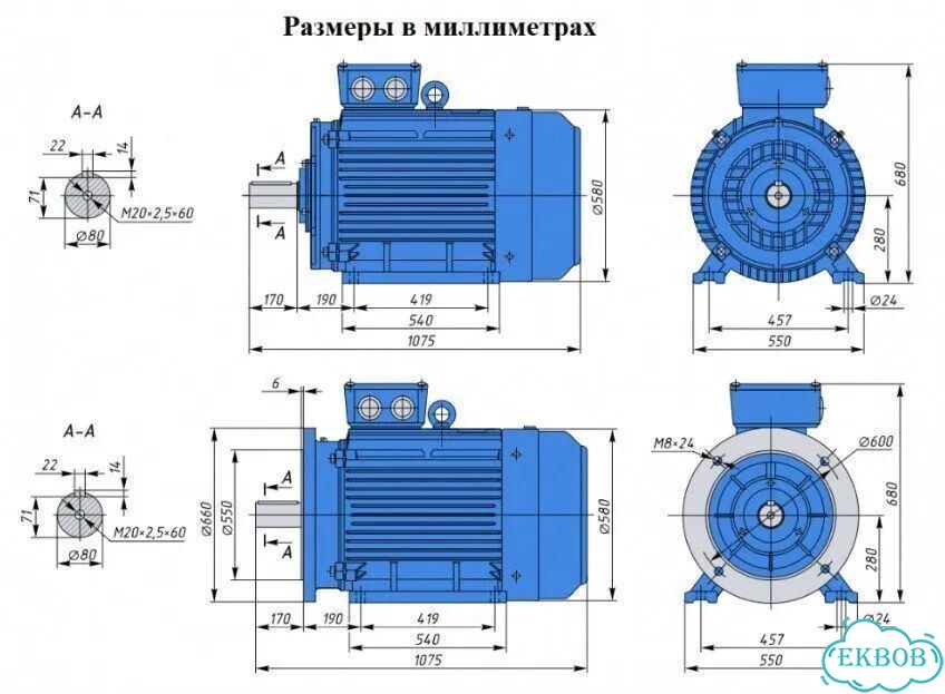 Электродвигатель аир 280М8 75кВт 750об новый фото 2