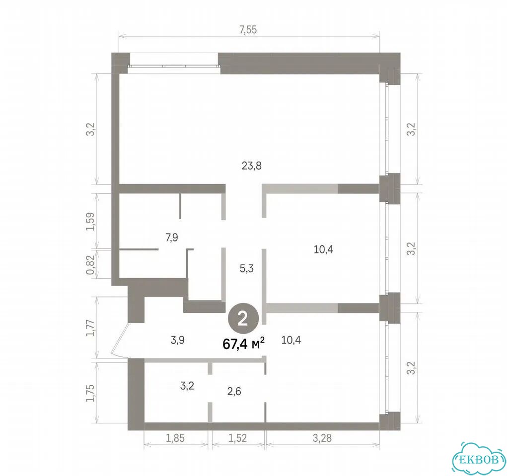 2-к. квартира, 67,4 м², 3/9 эт. фото 2