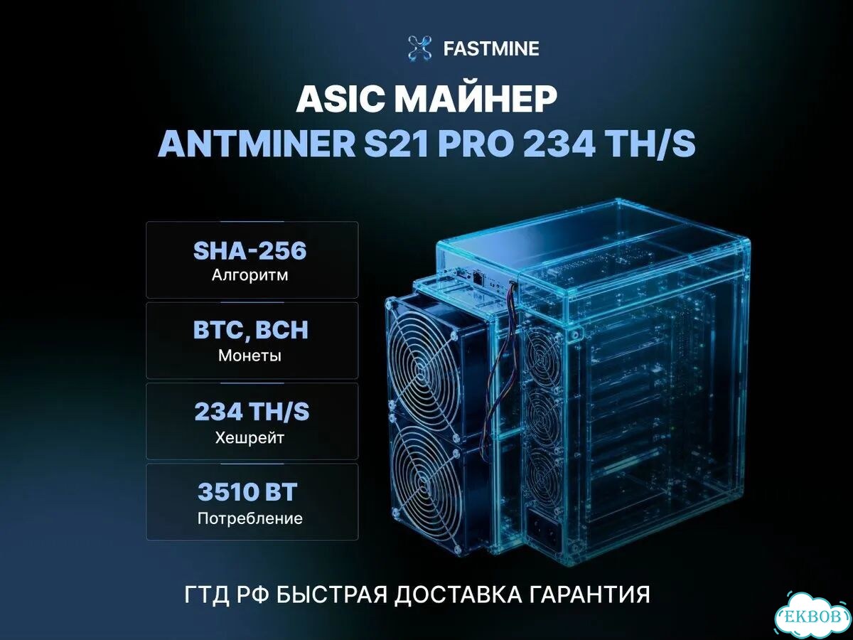 Asic майнер Bitmain Antminer S21 PRO 234 TH/s с гарантией фото 1