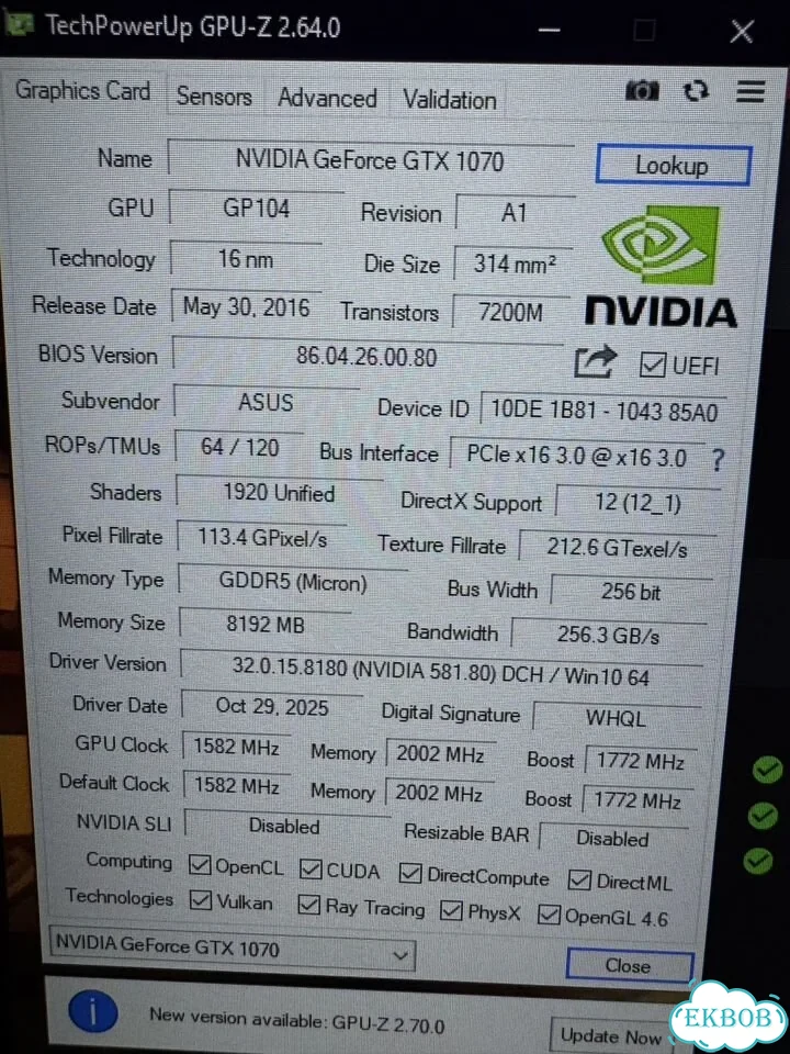 Видеокарта Asus GTX 1070 8GB Dual OC фото 5