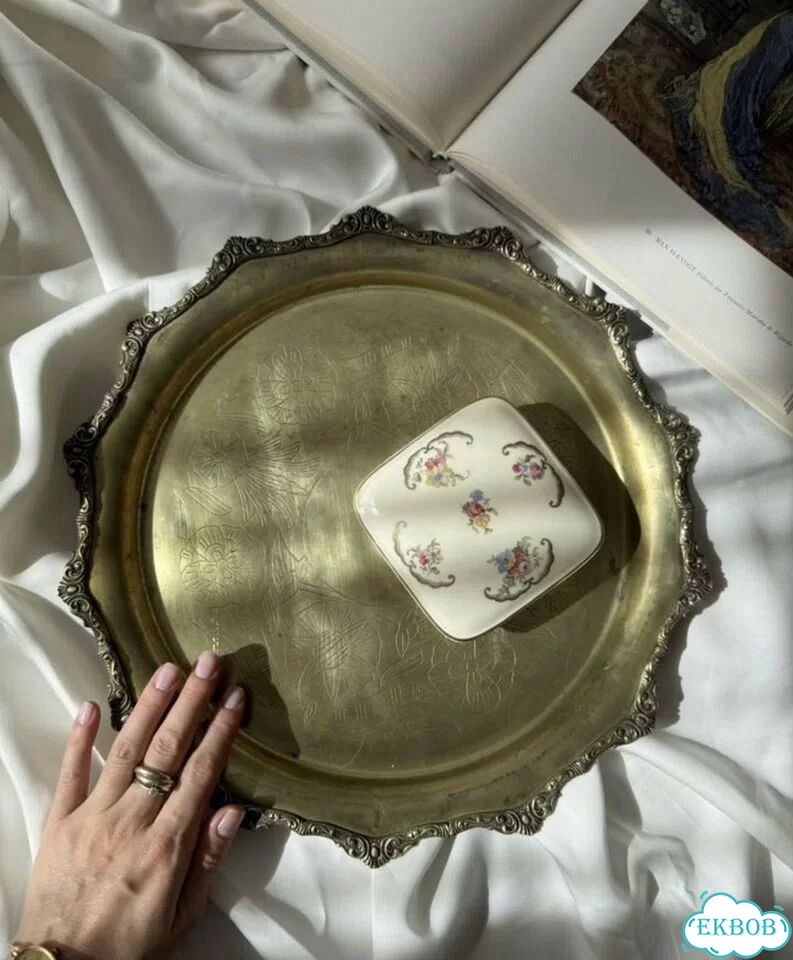 Поднос латунный старинный винтажный фото 4